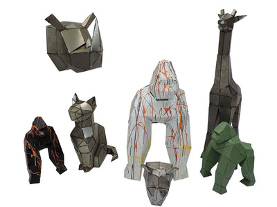 Statue 3D métallique origami artisanale 100% France multicolore fond blanc noir rouge 